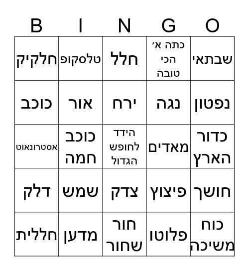 הבינגו של נגה והכוכבים Bingo Card
