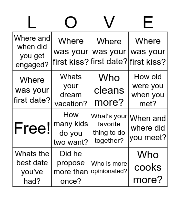 Get to know the couple Bingo Card