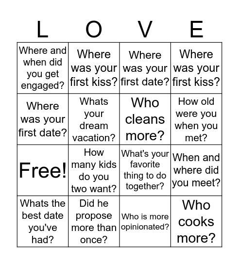 Get to know the couple Bingo Card