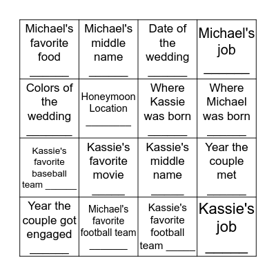 Bridal Shower Bingo Card
