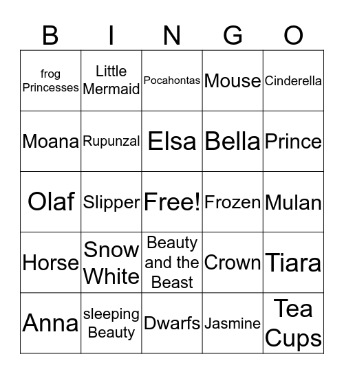 Princess Bingo Card