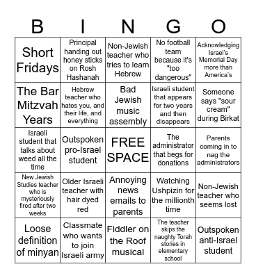 Jewish School Bingo Card