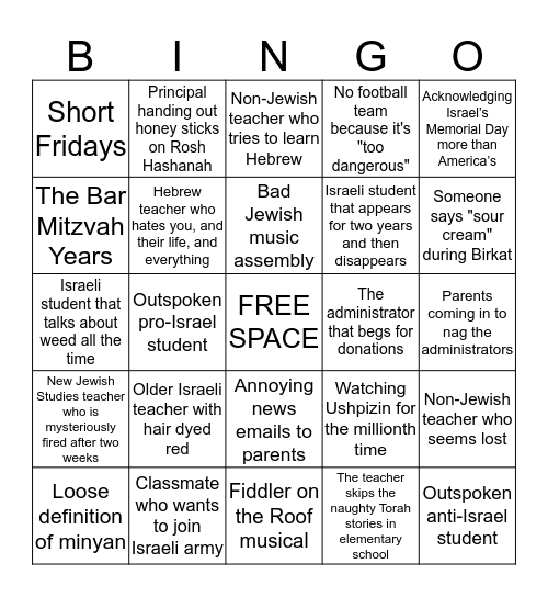 Jewish School Bingo Card