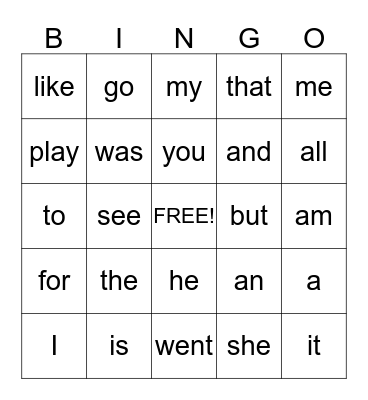 SIGHT WORDS BINGO Card