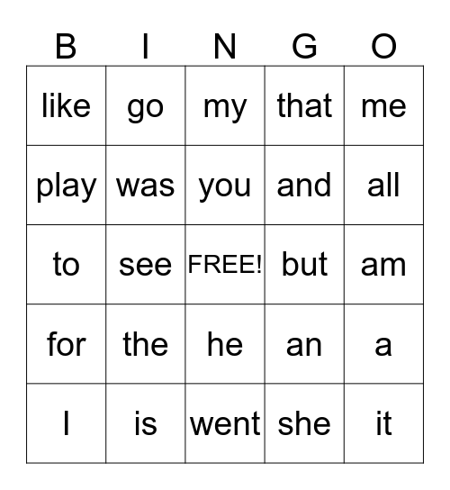 SIGHT WORDS BINGO Card