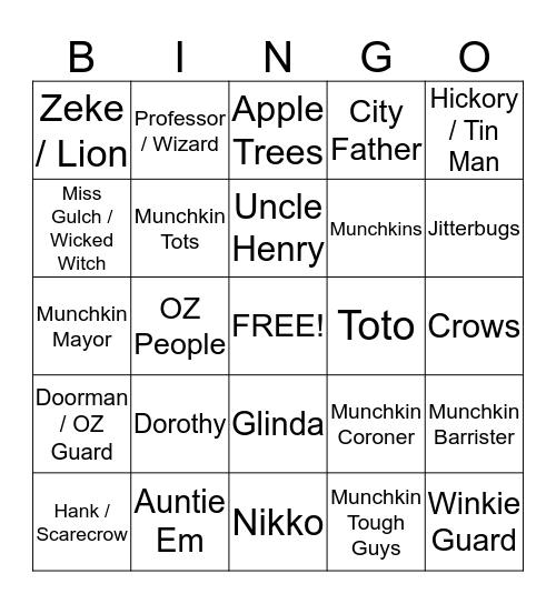 WIZARD OF OZ Bingo Card