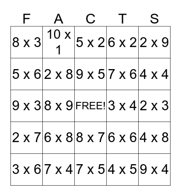 MATH FACTS Bingo Card