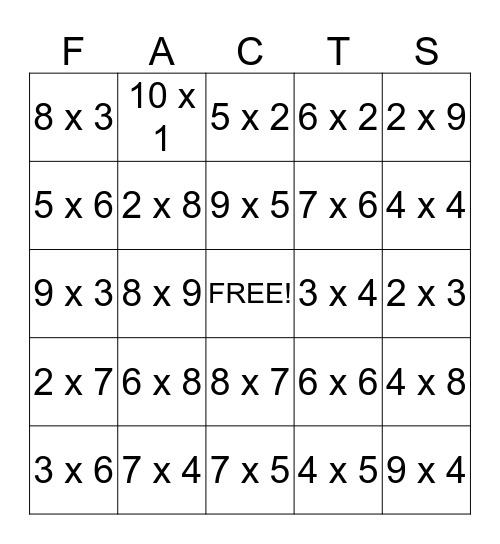 MATH FACTS Bingo Card