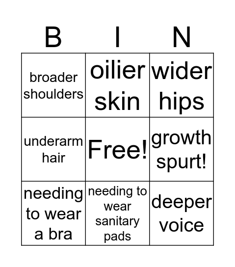 Puberty Bingo Card