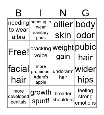 Puberty Bingo Card