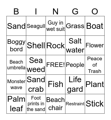 Beach treasure hunt Bingo Card