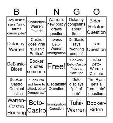 Warren Debate Bingo Card