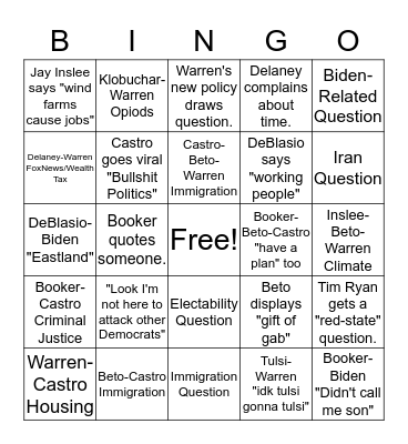 Warren Debate Bingo Card
