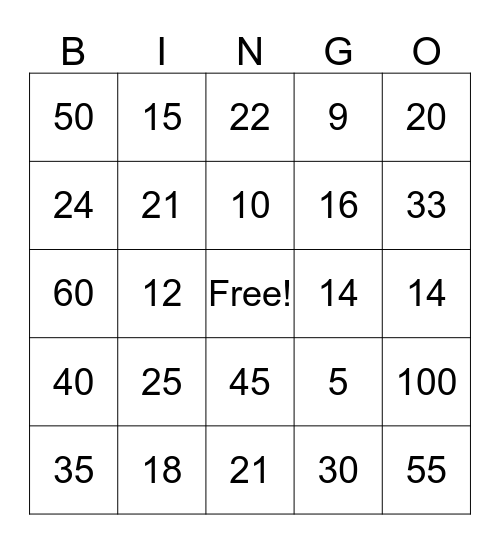 Multiplication BINGO Card