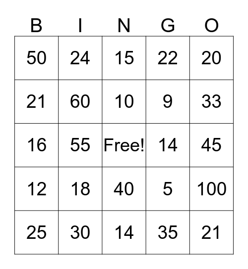 Multiplication BINGO Card