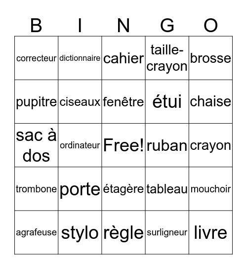 Objets d'école Bingo Card