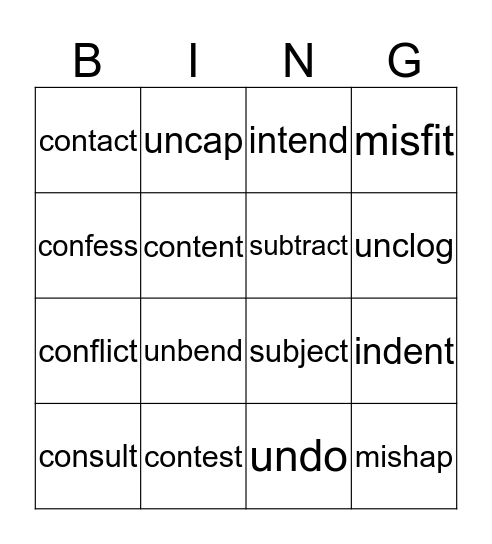 Prefixes Closed Syllable Bingo Card