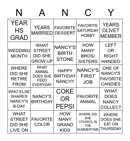 Nancy's Birthday BINGO!!!! Bingo Card