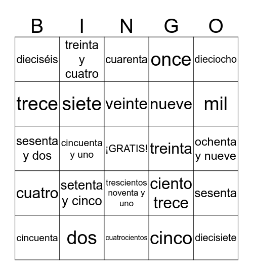 ¡Los Numeros! Bingo Card