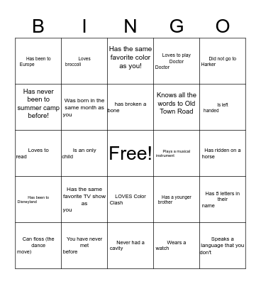 Get to Know You Bingo! Bingo Card