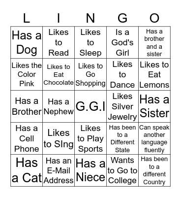 God's Girls Lingo Bingo Card