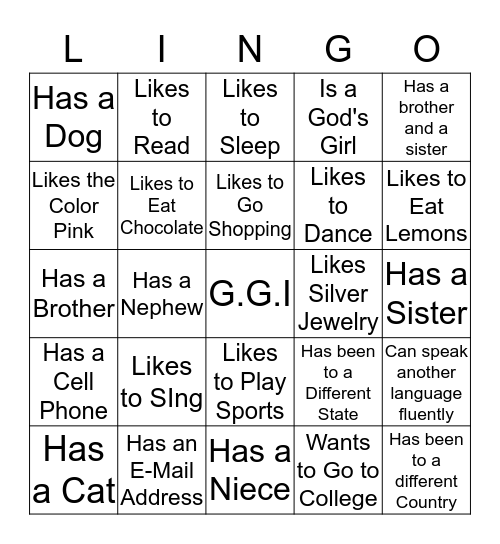 God's Girls Lingo Bingo Card