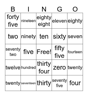 Number Names Bingo Card