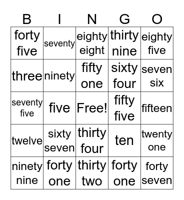 Number Names Bingo Card