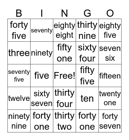 Number Names Bingo Card