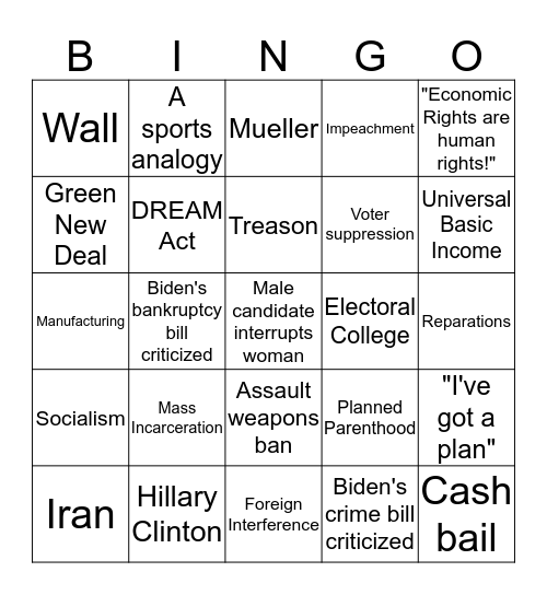 First Democratic Debate Bingo: June 26-27, 2019 Bingo Card