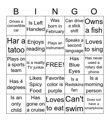 Get to Know Me Bingo Card