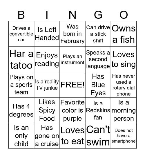 Get to Know Me Bingo Card