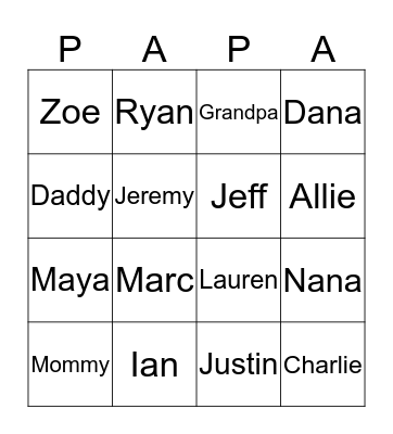 Ian’s family Bingo Card