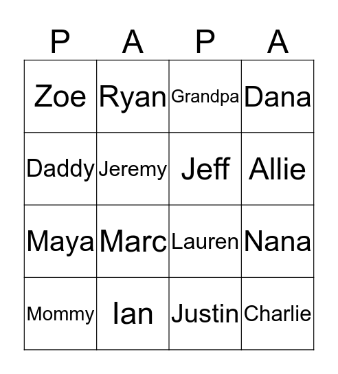 Ian’s family Bingo Card