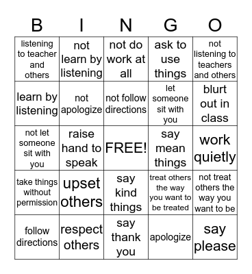 good manner/bad manners Bingo Card