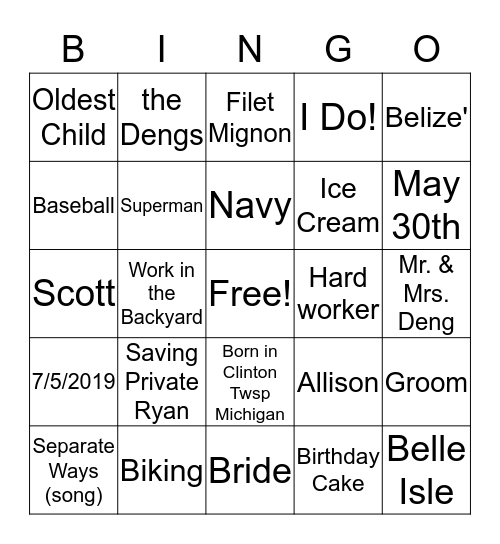 Scott's Groom Shower Bingo Card