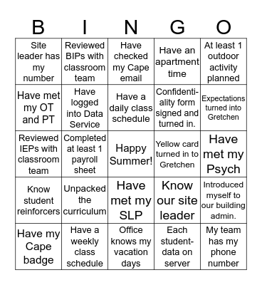 Summer 2019 Bingo Card