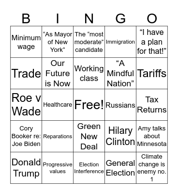 1st 2020 Democratic Debate Bingo Card