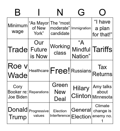 1st 2020 Democratic Debate Bingo Card