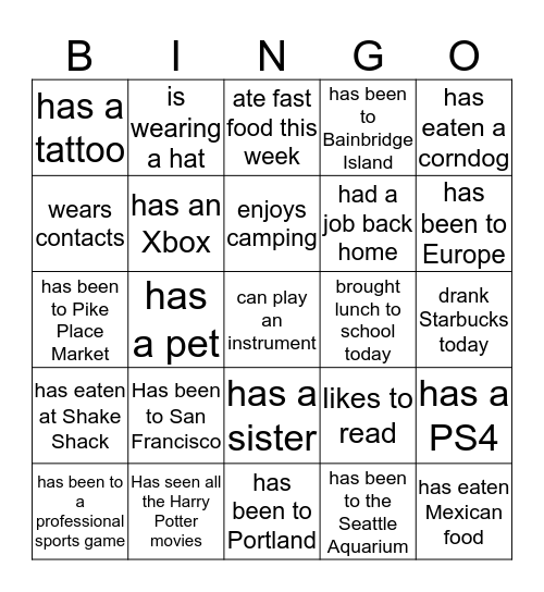 Classmate BINGO Card