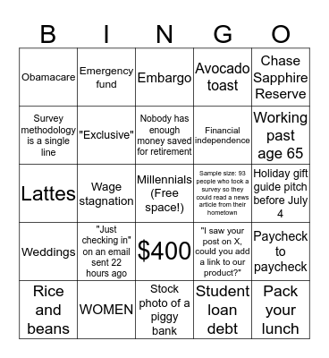 Personal Finance Press Release BINGO Card