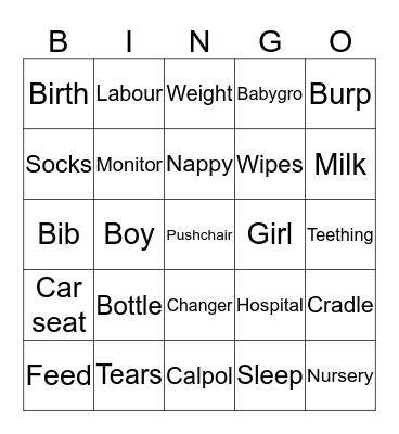 Saira's baby shower Bingo Card