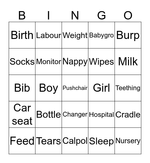 Saira's baby shower Bingo Card