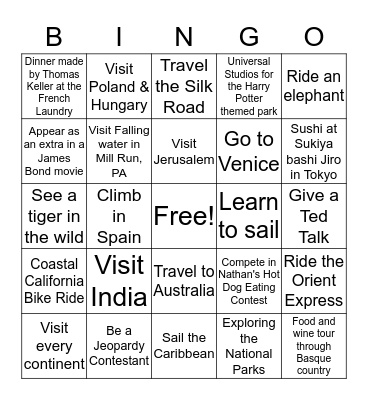 Bucket List Bingo Card