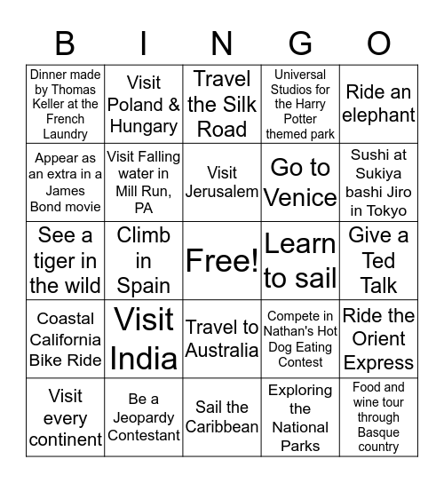 Bucket List Bingo Card