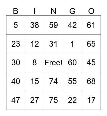 Live Online Bingo Club Bingo Card