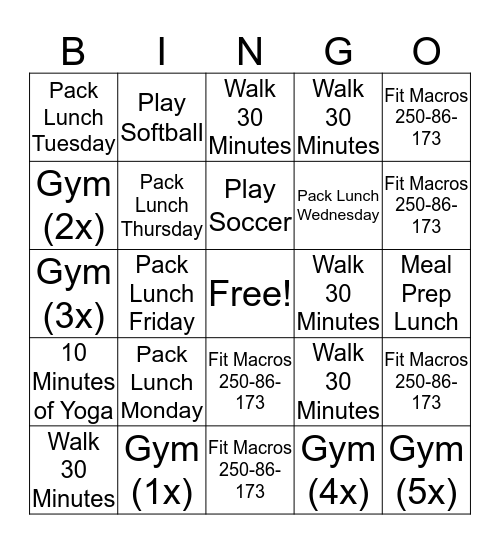 Healthy Week Bingo Card