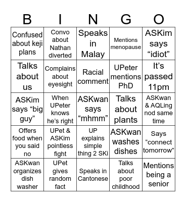 Pot Luck Bingo Card