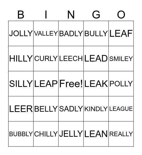 "LEE" WORDS Bingo Card