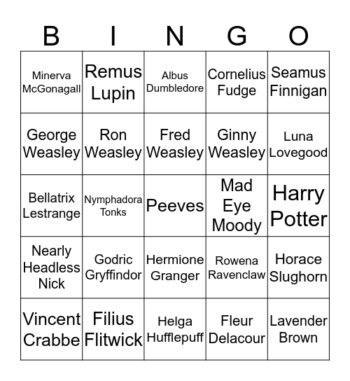 Harry Potter Characters Bingo Card